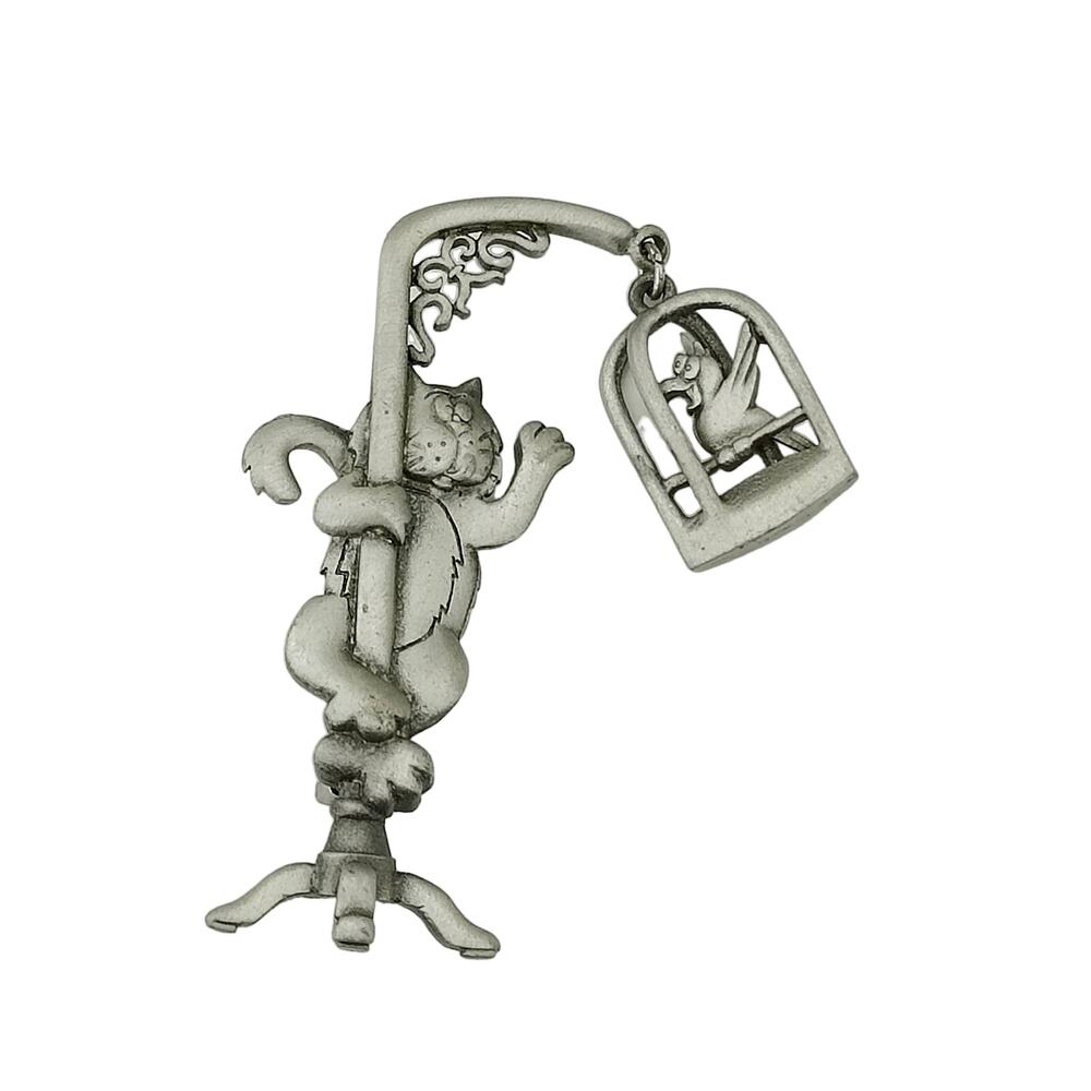 Vintage JJ Jonette Cat Bird in cage Silver Tone Dangle Articulated Brooch Pin